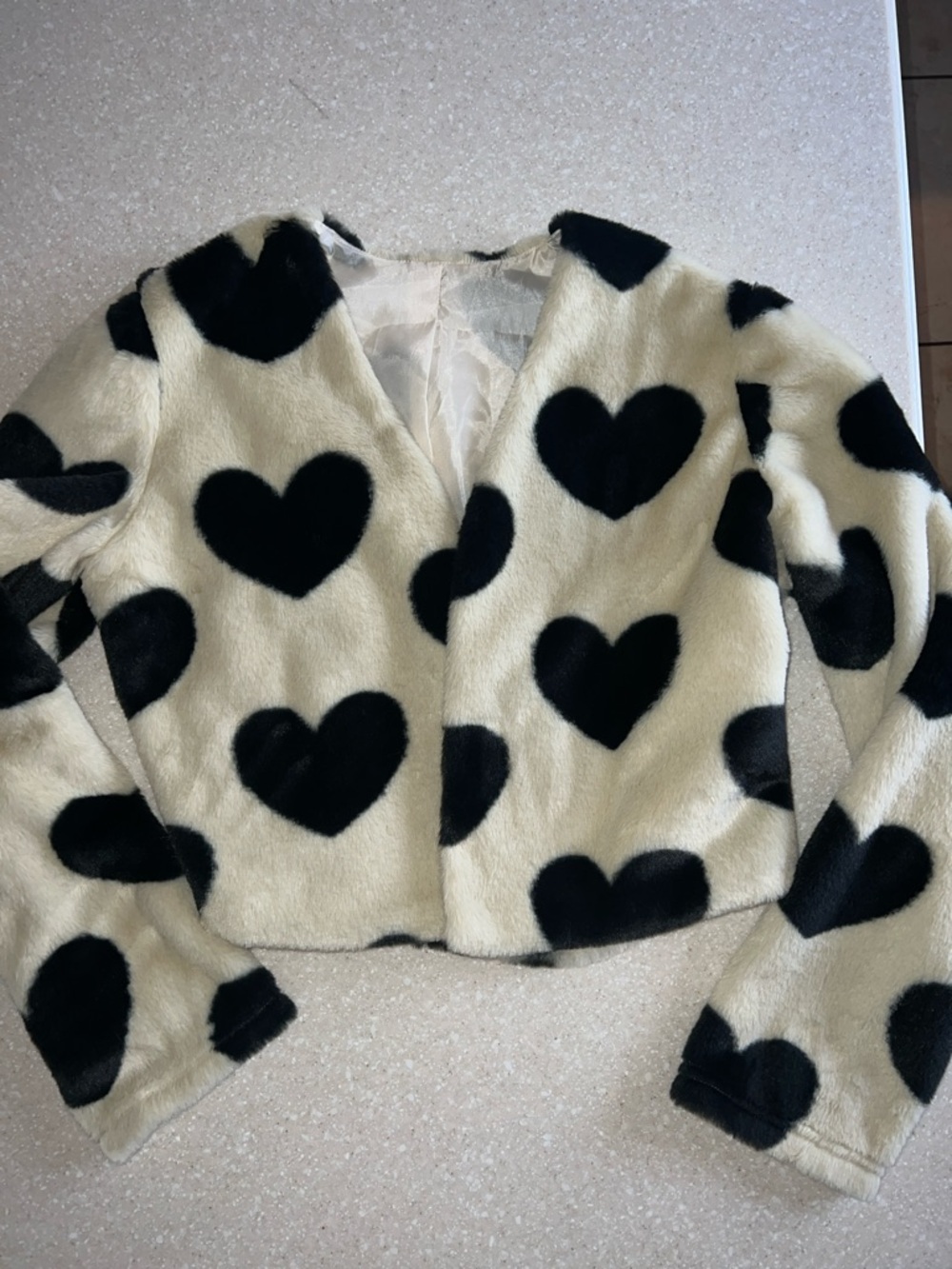 SHEIN Ivory and Black Heart Faux Fur Satin-Look Lined Jacket